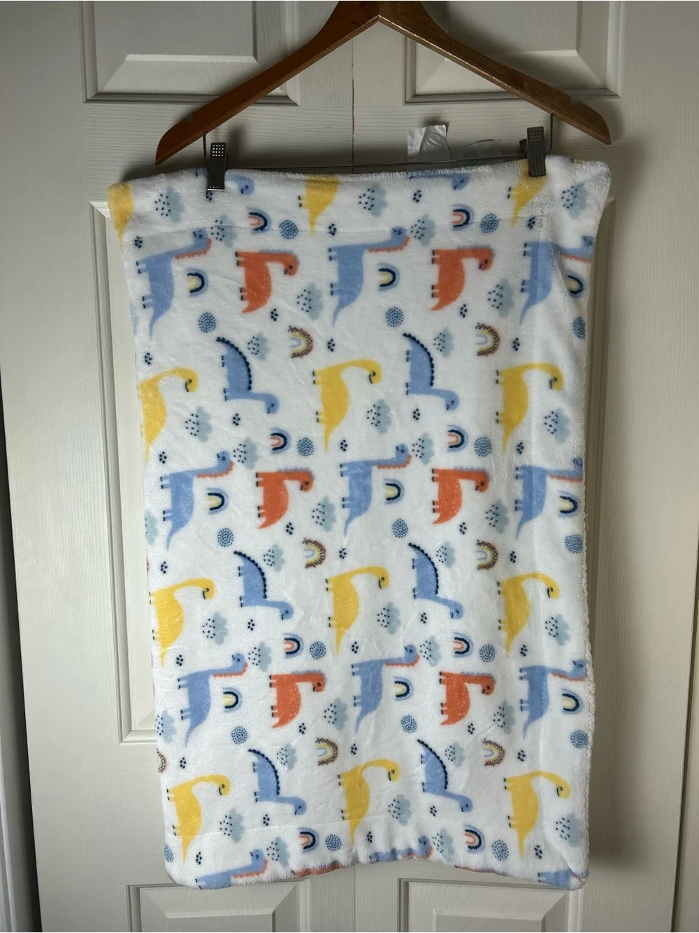 SL Home Fashions Dinosaur Rainbow Baby Blanket Blue White Yellow Orange Clouds